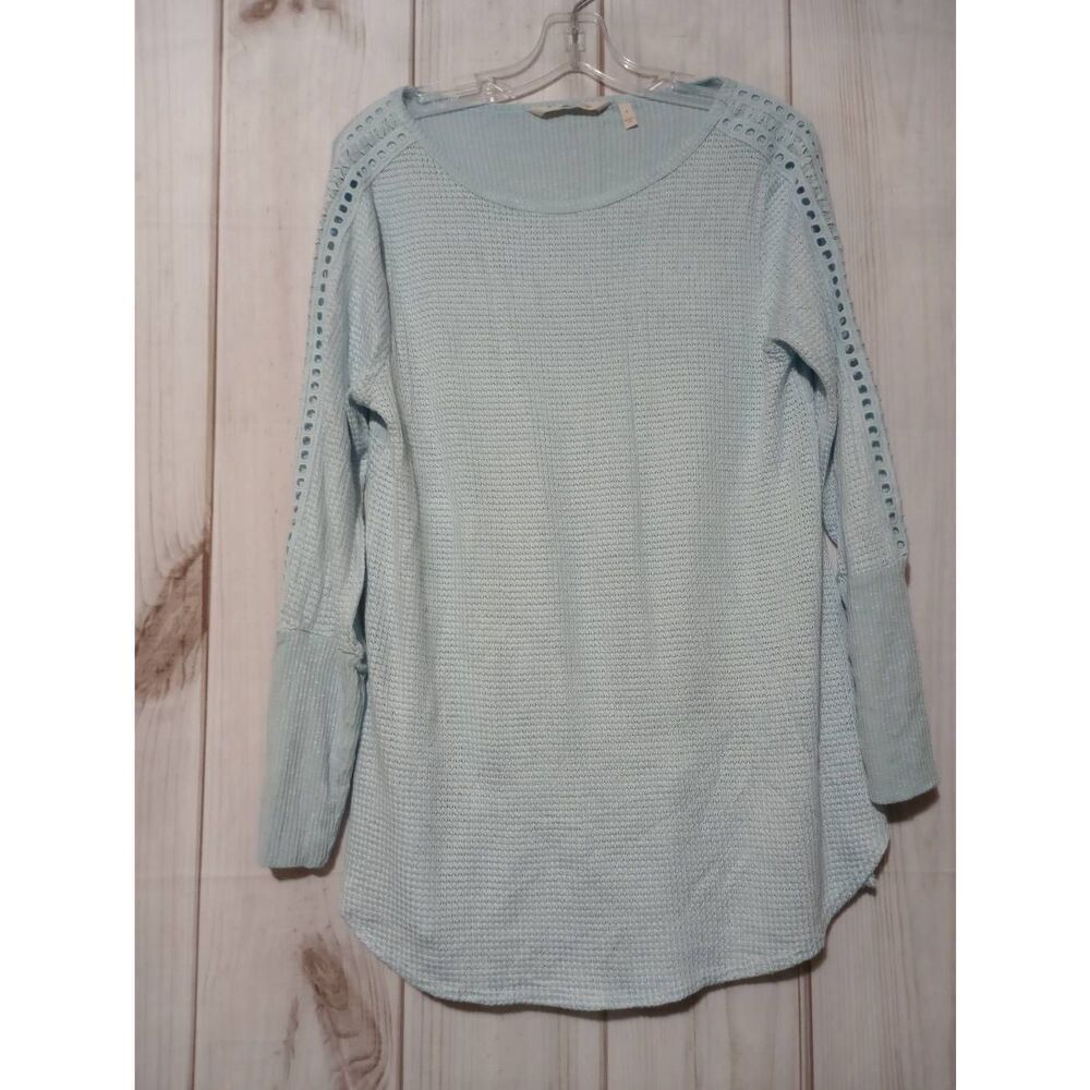 Soft Surroundings Shirt Ladies Small Bailey Crotchet Trim Waffle Knit Skylight B